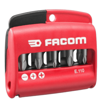 Facom 10 Bits Box with Phillips and Pz E.110pb screwdriver bits in a red plastic case for precision work.