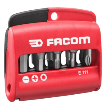 Facom 10bits Box:Slot, Pz & Hex E.111pb in red plastic case with metal bits inside.
