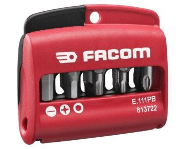 Facom E.111pg Jeu 10 Emb.25mm+Porte- tool set in red with multiple bits for professional use.