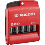 Facom E.612pg screwdriver set with 10 long 50mm bits in a red plastic case for professional use.