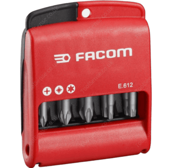 Facom E.612pg screwdriver set with 10 long 50mm bits in a red plastic case for professional use.