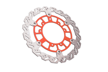 High-performance motorcycle brake disc with ventilated design and red accents, ideal for racing and track use.