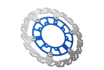 High-performance motorcycle brake disc with ventilated design for optimal cooling and braking efficiency.