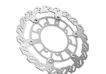 High-performance motorcycle brake disc with ventilated design for optimal cooling and braking efficiency.