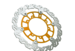 High-performance motorcycle brake disc with a silver outer ring and gold inner component, designed for racing bikes.