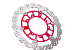 High-performance motorcycle brake disc with red and silver design, ideal for racing and track use.