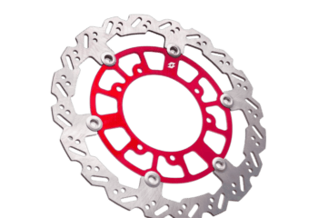 High-performance motorcycle brake disc with red and silver design, ideal for racing and track use.