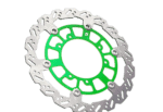High-performance motorcycle brake disc with green accents, designed for racing and high-speed riding, showcasing advanced engineering and durability.
