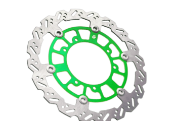 High-performance motorcycle brake disc with green accents, designed for racing and high-speed riding, showcasing advanced engineering and durability.