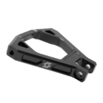 Close-up of a black reinforced suspension triangle component for high-performance racing vehicles.
