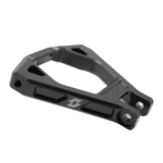 Close-up of a black reinforced suspension triangle component for high-performance racing vehicles.