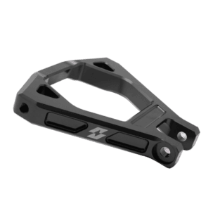 Close-up of a black reinforced suspension triangle component for high-performance racing vehicles.