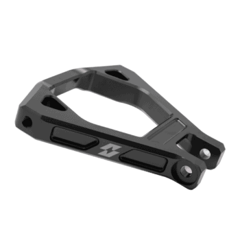 Close-up of a black reinforced suspension triangle component for high-performance racing vehicles.
