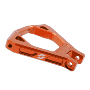 Orange Grand Prix racewear safety device with mounting holes, designed for motorsport safety equipment.