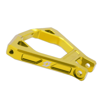 Yellow aluminium racing car part with cutouts and mounting holes, designed for motorsport applications.