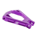 Purple racing car tow hook made of lightweight aluminium for motorsport safety and recovery.