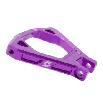Purple racing car tow hook made of lightweight aluminium for motorsport safety and recovery.