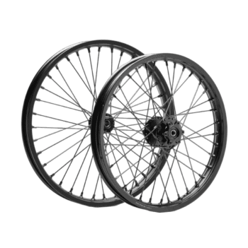 Set of high-performance 21-inch and 19-inch lightweight racing wheels for electric vehicles, featuring durable spokes and hubs for enhanced racing performance.