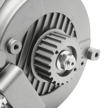 Close-up of a high-performance motorcycle engine component showcasing precision engineering and metallic finish.