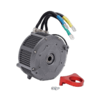 Electric motor with wiring and red mounting bracket, suitable for racewear applications.