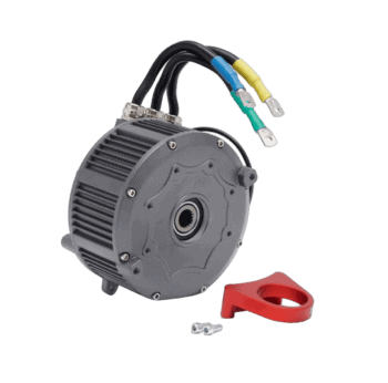 Electric motor with wiring and red mounting bracket, suitable for racewear applications.
