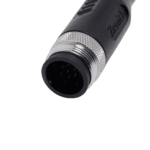 Close-up of a professional XLR microphone connector, black with silver accents, used in high-quality audio recording and broadcasting.