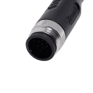 Close-up of a professional XLR microphone connector, black with silver accents, used in high-quality audio recording and broadcasting.