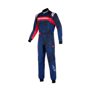 Grand Prix Racewear racing suit in blue and red with Alpinestars logo, designed for motorsport safety and performance.