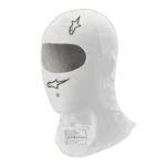 White racing balaclava with Alpinestars logo, designed for motorsport safety and comfort.