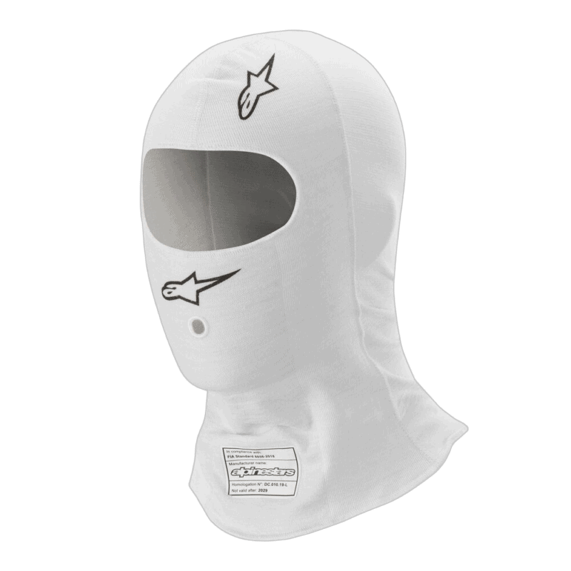 White racing balaclava with Alpinestars logo, designed for motorsport safety and comfort.