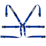 Blue Sparco racing harness with adjustable straps and quick-release buckle, designed for motorsport safety and performance.