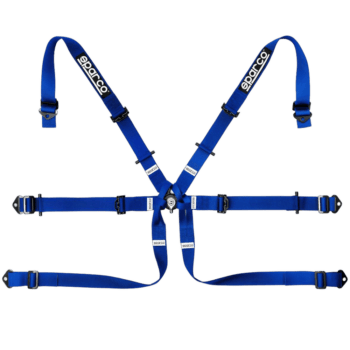 Blue Sparco racing harness with adjustable straps and quick-release buckle, designed for motorsport safety and performance.