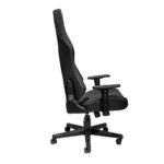 Black ergonomic racing-style office chair with adjustable armrests and high back support, ideal for gaming and professional work environments.
