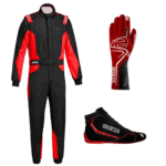 Sparco racing suit, gloves, and shoes from the Grand Prix Racewear collection, designed for professional motorsport safety and performance.