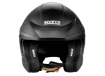 Black Sparco racing helmet with visor and padding, designed for motorsport safety and performance.