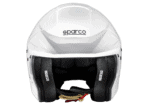 White Sparco racing helmet with black interior padding, designed for motorsport safety and performance.