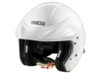 White Sparco racing helmet with black interior padding, designed for motorsport safety and performance.