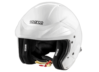 White Sparco racing helmet with black interior padding, designed for motorsport safety and performance.