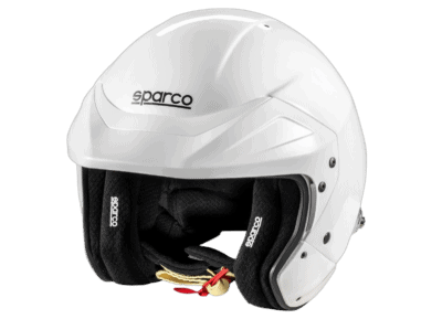 White Sparco racing helmet with black interior padding, designed for motorsport safety and performance.