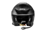 High-quality black Sparco racing helmet with carbon fibre finish, designed for motorsport safety and performance.