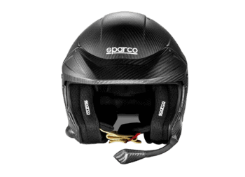 High-quality black Sparco racing helmet with carbon fibre finish, designed for motorsport safety and performance.