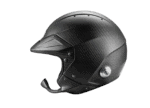 Carbon fibre racing helmet designed for motorsport safety and performance, featuring aerodynamic shape and secure chin strap.
