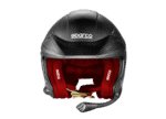 Sparco racing helmet with carbon fibre finish and red interior padding, designed for motorsport safety and performance.