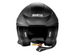 Sparco racing helmet in black with integrated communication system, designed for motorsport safety and performance.