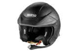 Black Sparco racing helmet with visor and padding, designed for motorsport safety and performance.