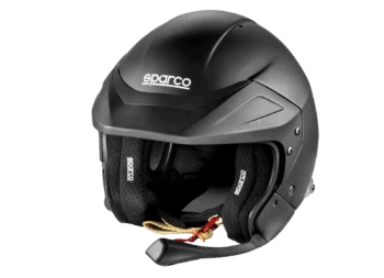 Black Sparco racing helmet with visor and padding, designed for motorsport safety and performance.