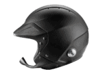 Black racing helmet with communication microphone for motorsport safety and communication.