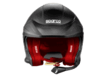 Black Sparco racing helmet with red interior padding, designed for motorsport safety and performance.