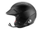 Black racing helmet with visor and communication microphone for motorsport safety and performance.