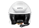 White Sparco racing helmet with black interior padding, designed for motorsport safety and performance.